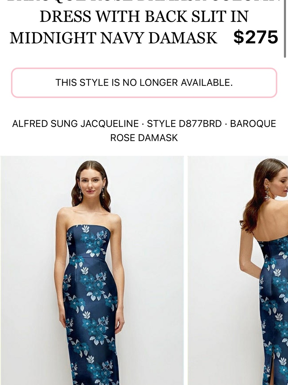 Alfred Sung Strapless Midnight Navy Floral Damask Dress